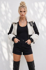 Saige Shearling Trim Moto Jacket - Black Cream