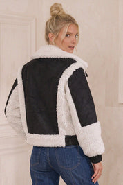 Saige Shearling Trim Moto Jacket - Black Cream