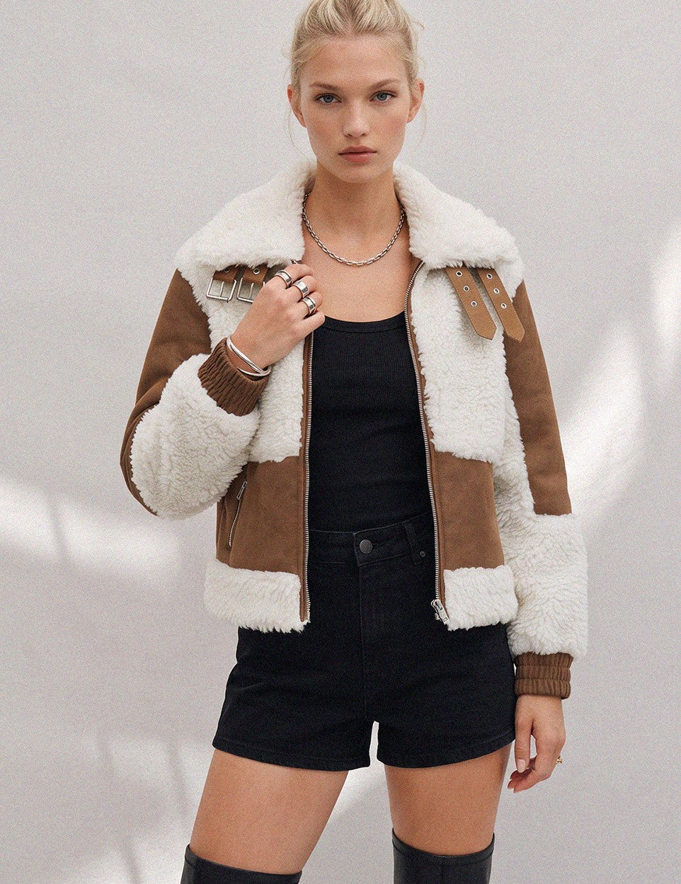 Saige Shearling Trim Moto Jacket - Brown Cream