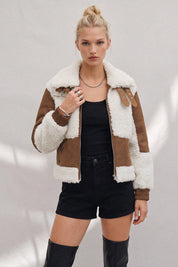 Saige Shearling Trim Moto Jacket - Brown Cream
