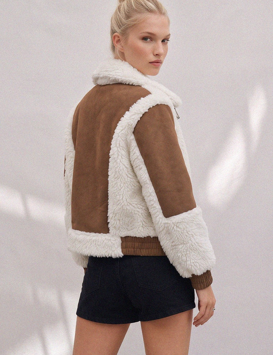 Saige Shearling Trim Moto Jacket - Brown Cream