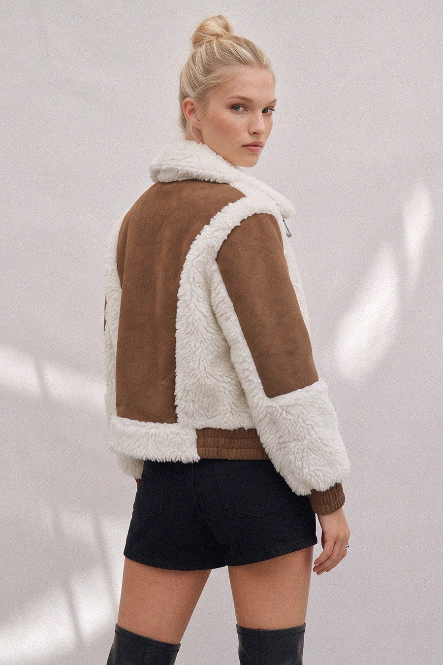 Saige Shearling Trim Moto Jacket - Brown Cream