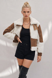 Saige Shearling Trim Moto Jacket - Brown Cream