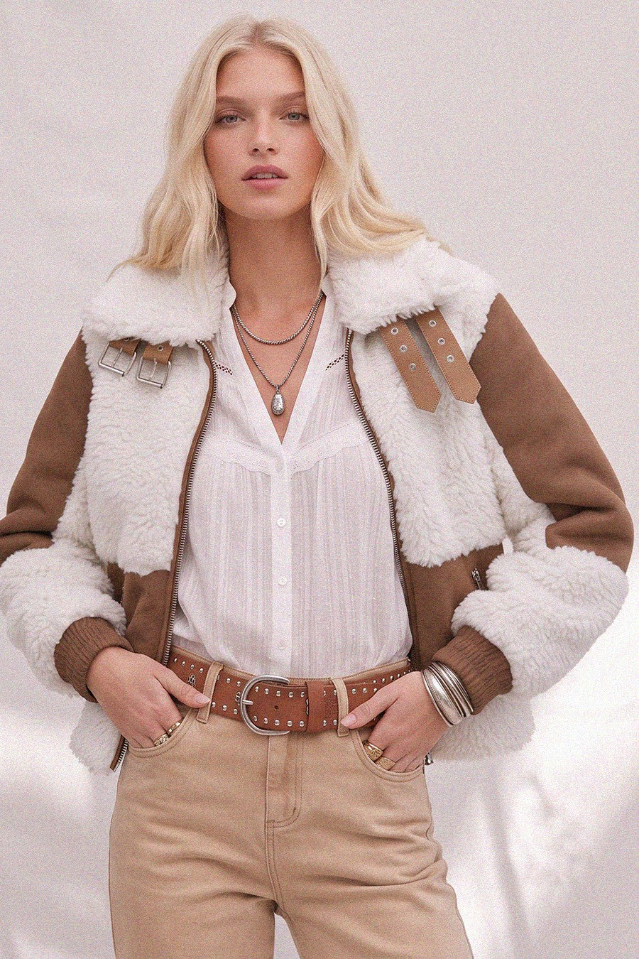 Saige Shearling Trim Moto Jacket - Brown Cream