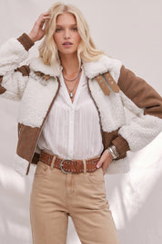 Saige Shearling Trim Moto Jacket - Brown Cream