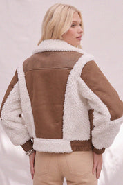 Saige Shearling Trim Moto Jacket - Brown Cream