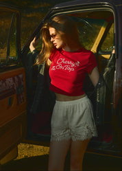 Satin Siesta Lace Trim Satin Shorts in Cream, photo 1