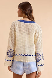 Seaside Shell Graphic Open Stitch Knit Cardigan - Westly