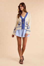 Seaside Shell Graphic Open Stitch Knit Cardigan - Westly