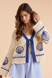 Seaside Shell Graphic Open Stitch Knit Cardigan - Westly