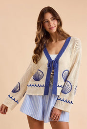 Seaside Shell Graphic Open Stitch Knit Cardigan - Westly