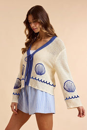 Seaside Shell Graphic Open Stitch Knit Cardigan - Westly