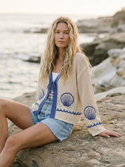 Seaside Shell Graphic Open Stitch Knit Cardigan - Westly