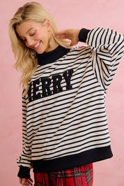 Season Greetings Stripe Appliqué Pullover - Ivory Black