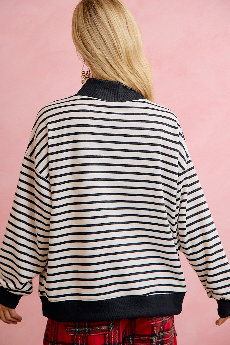 Season Greetings Stripe Appliqué Pullover - Ivory Black