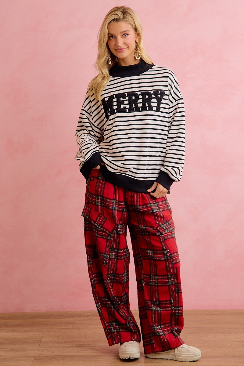 Season Greetings Stripe Appliqué Pullover - Ivory Black
