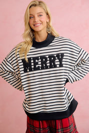 Season Greetings Stripe Appliqué Pullover - Ivory Black