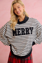 Season Greetings Stripe Appliqué Pullover - Ivory Black