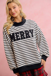 Season Greetings Stripe Appliqué Pullover - Ivory Black
