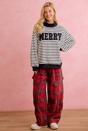 Season Greetings Stripe Appliqué Pullover - Ivory Black