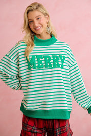 Season Greetings Stripe Appliqué Pullover - Ivory Green