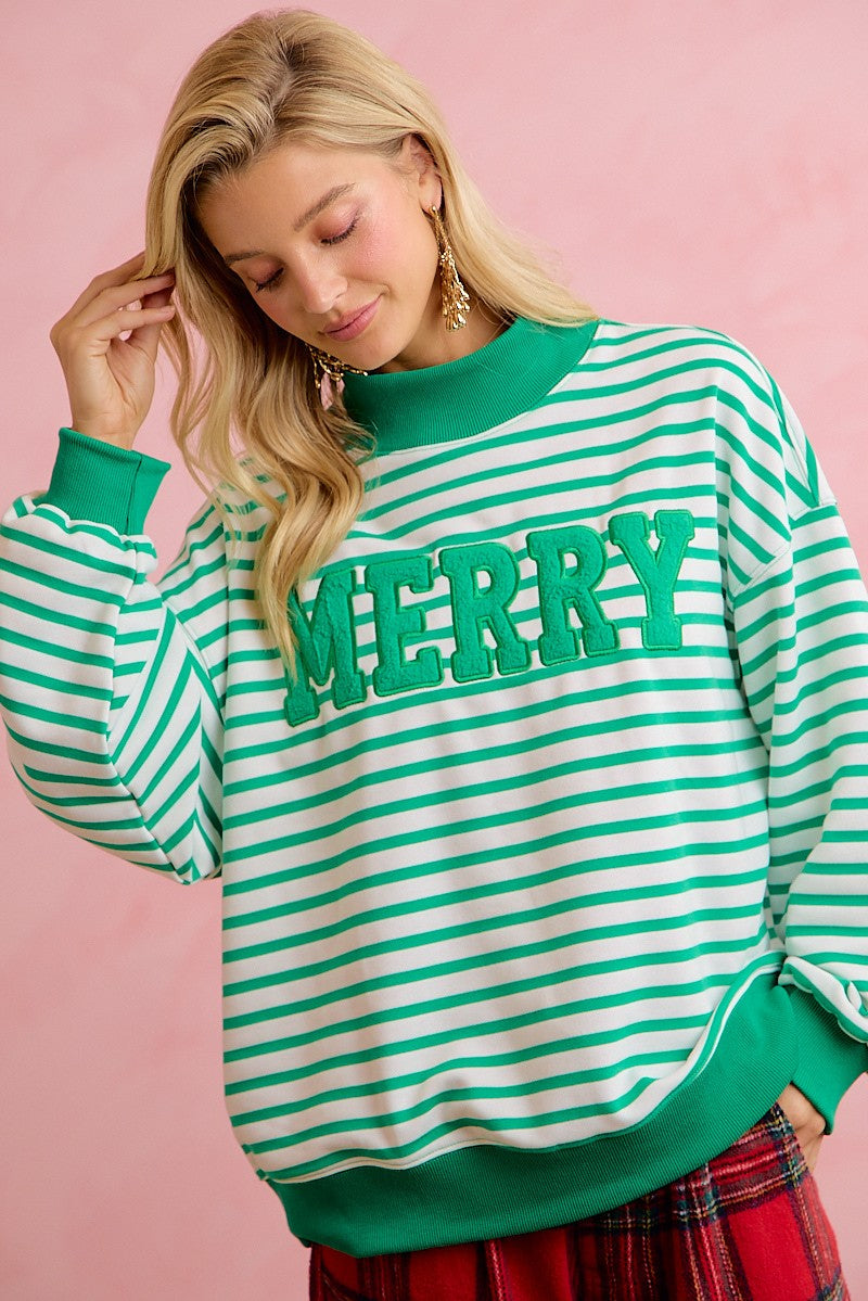 Season Greetings Stripe Appliqué Pullover - Ivory Green