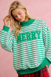 Season Greetings Stripe Appliqué Pullover - Ivory Green