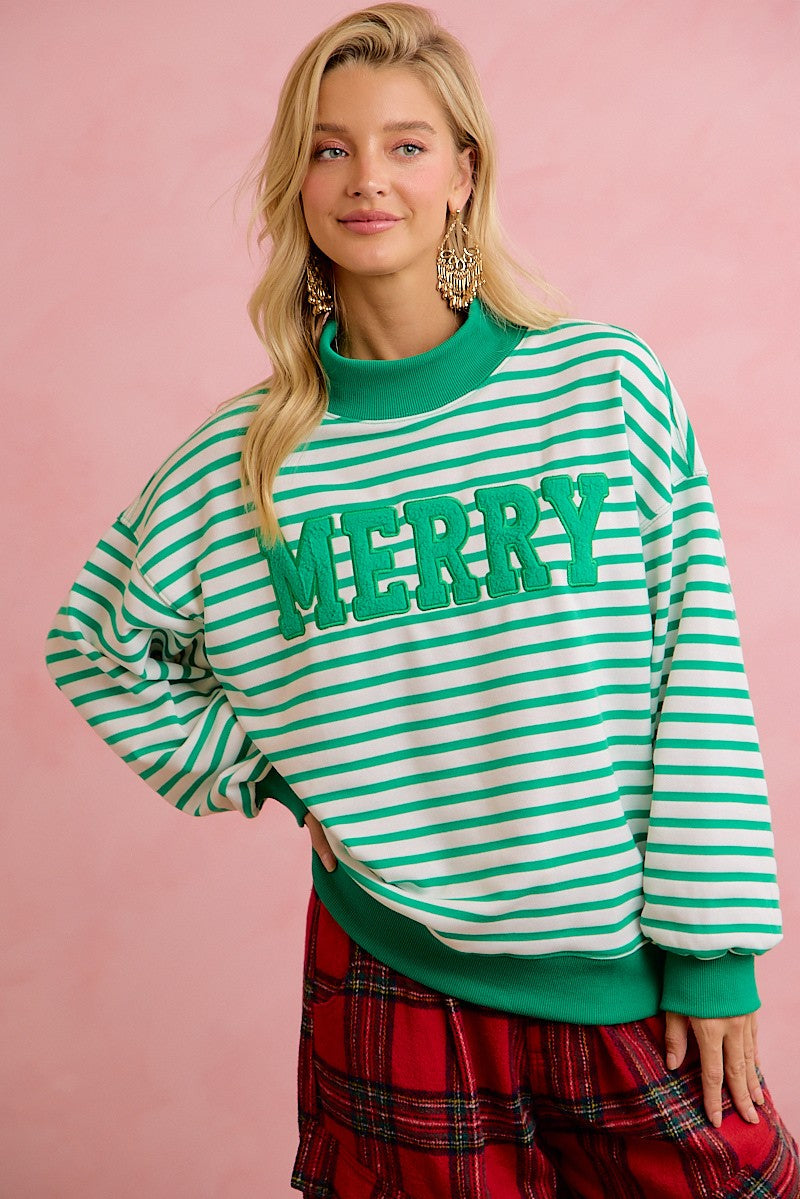 Season Greetings Stripe Appliqué Pullover - Ivory Green