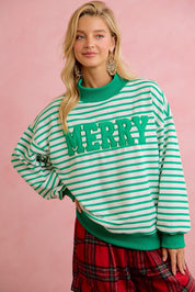 Season Greetings Stripe Appliqué Pullover - Ivory Green