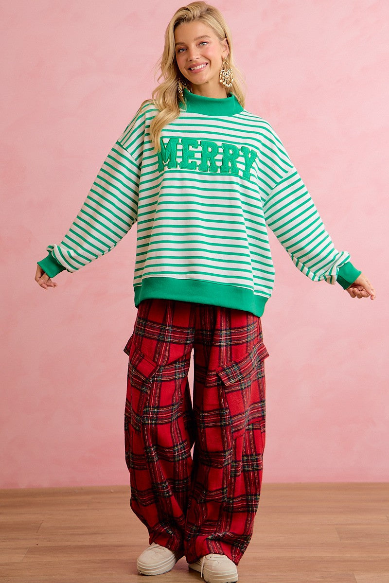 Season Greetings Stripe Appliqué Pullover - Ivory Green