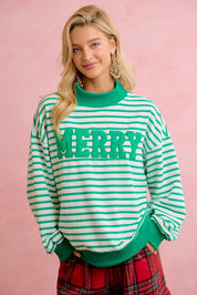 Season Greetings Stripe Appliqué Pullover - Ivory Green