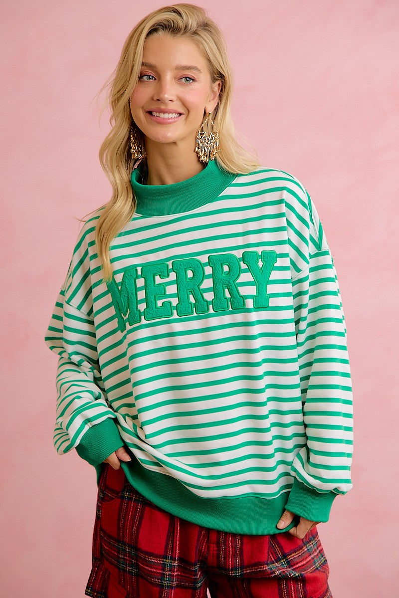 Season Greetings Stripe Appliqué Pullover - Ivory Green