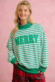 Season Greetings Stripe Appliqué Pullover - Ivory Green