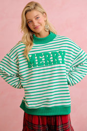 Season Greetings Stripe Appliqué Pullover - Ivory Green