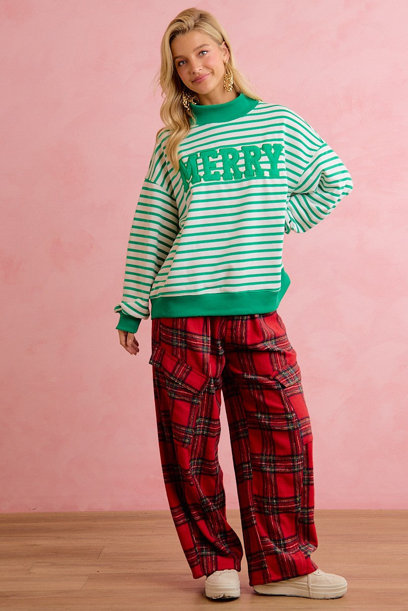 Season Greetings Stripe Appliqué Pullover - Ivory Green