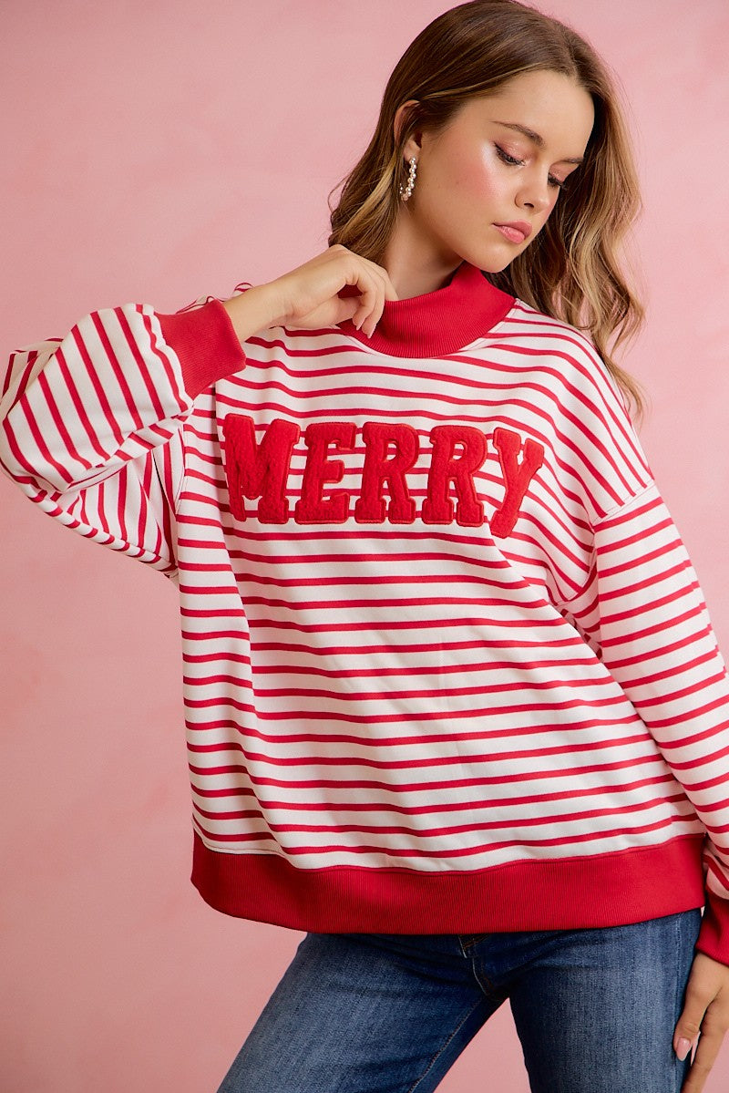 Season Greetings Stripe Appliqué Pullover - Ivory Red