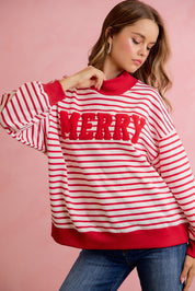 Season Greetings Stripe Appliqué Pullover - Ivory Red