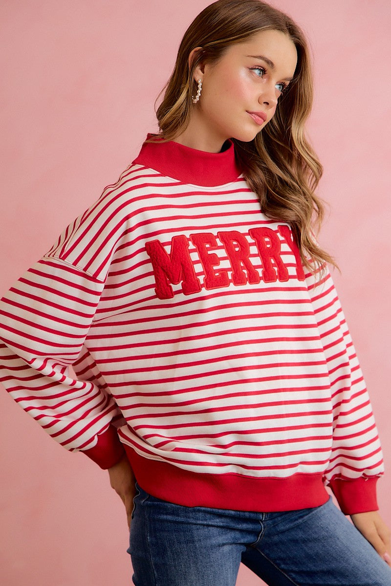 Season Greetings Stripe Appliqué Pullover - Ivory Red