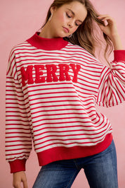 Season Greetings Stripe Appliqué Pullover - Ivory Red