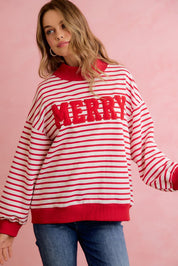 Season Greetings Stripe Appliqué Pullover - Ivory Red