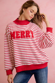 Season Greetings Stripe Appliqué Pullover - Ivory Red