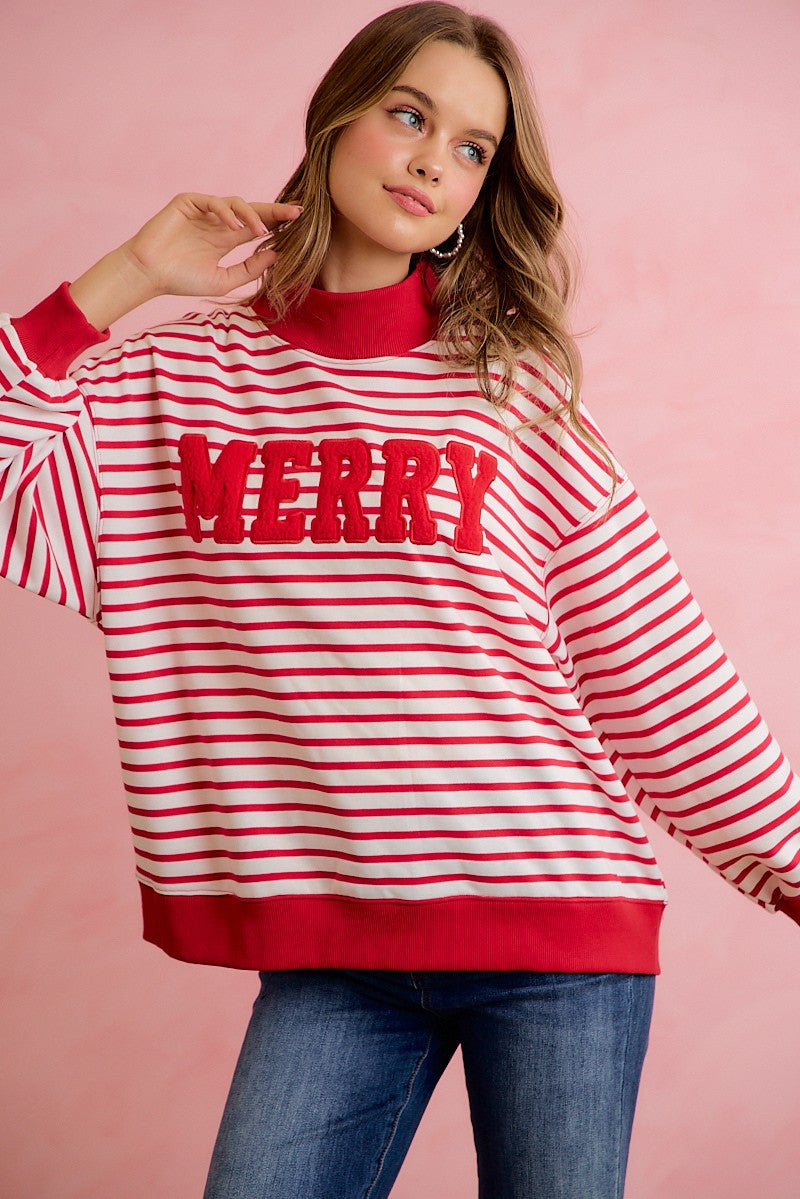 Season Greetings Stripe Appliqué Pullover - Ivory Red