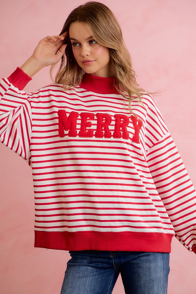 Season Greetings Stripe Appliqué Pullover - Ivory Red