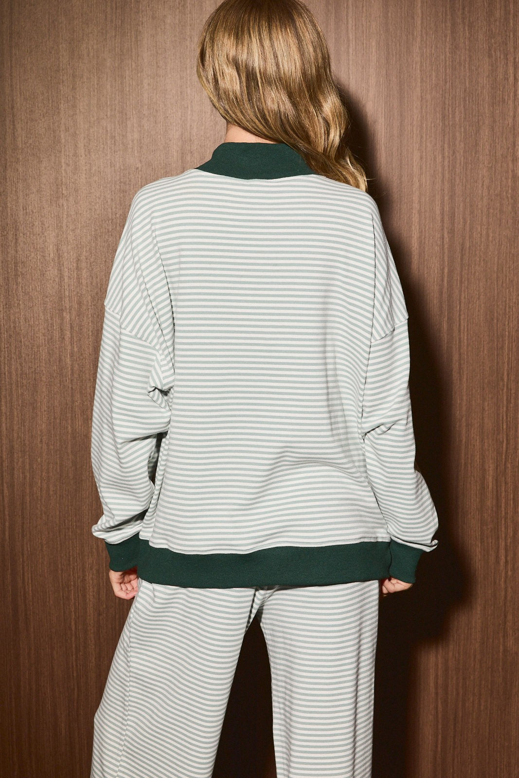 Season of Rest Merry Mock Neck Sweatshirt in Dusty Green Stripe — product photo 04