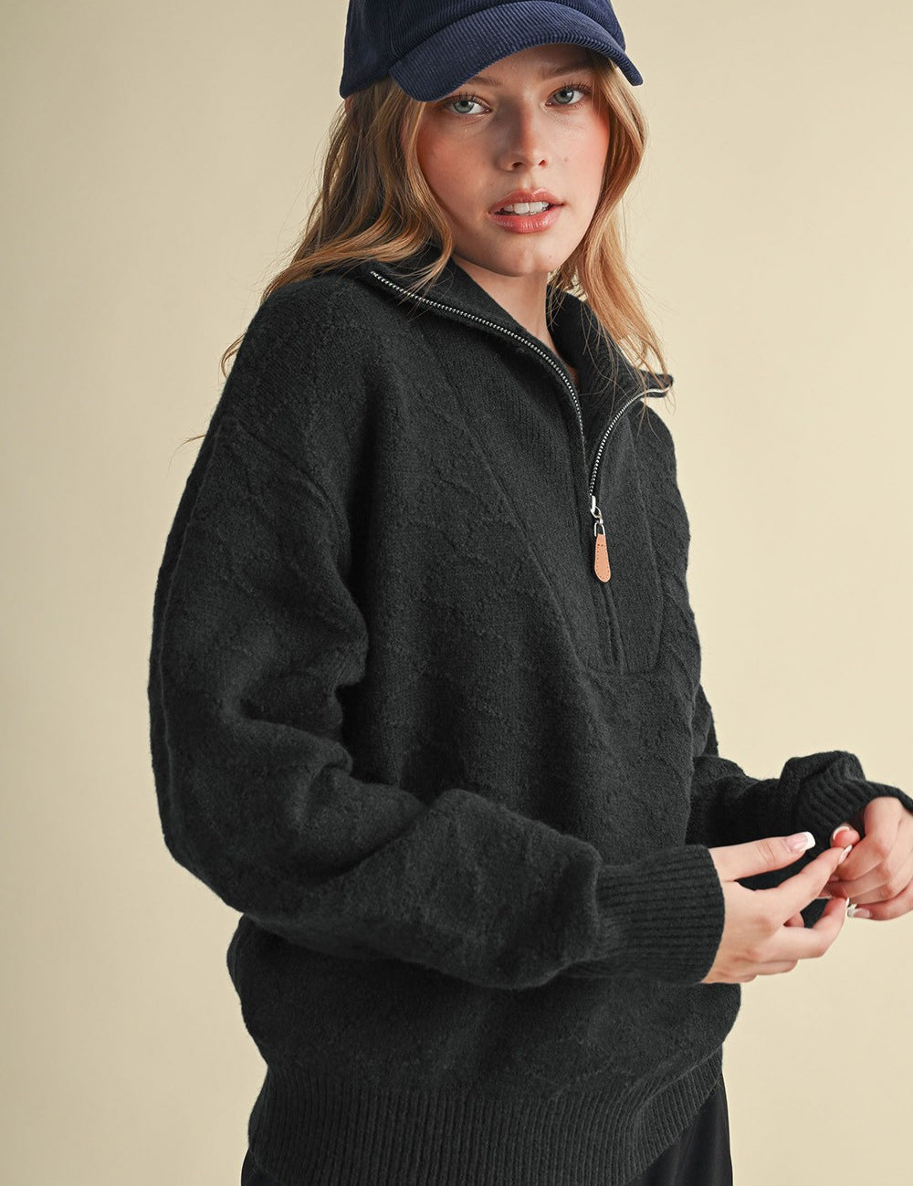 Shellwork Textured Half-Zip Sweater in Black - product photo 2