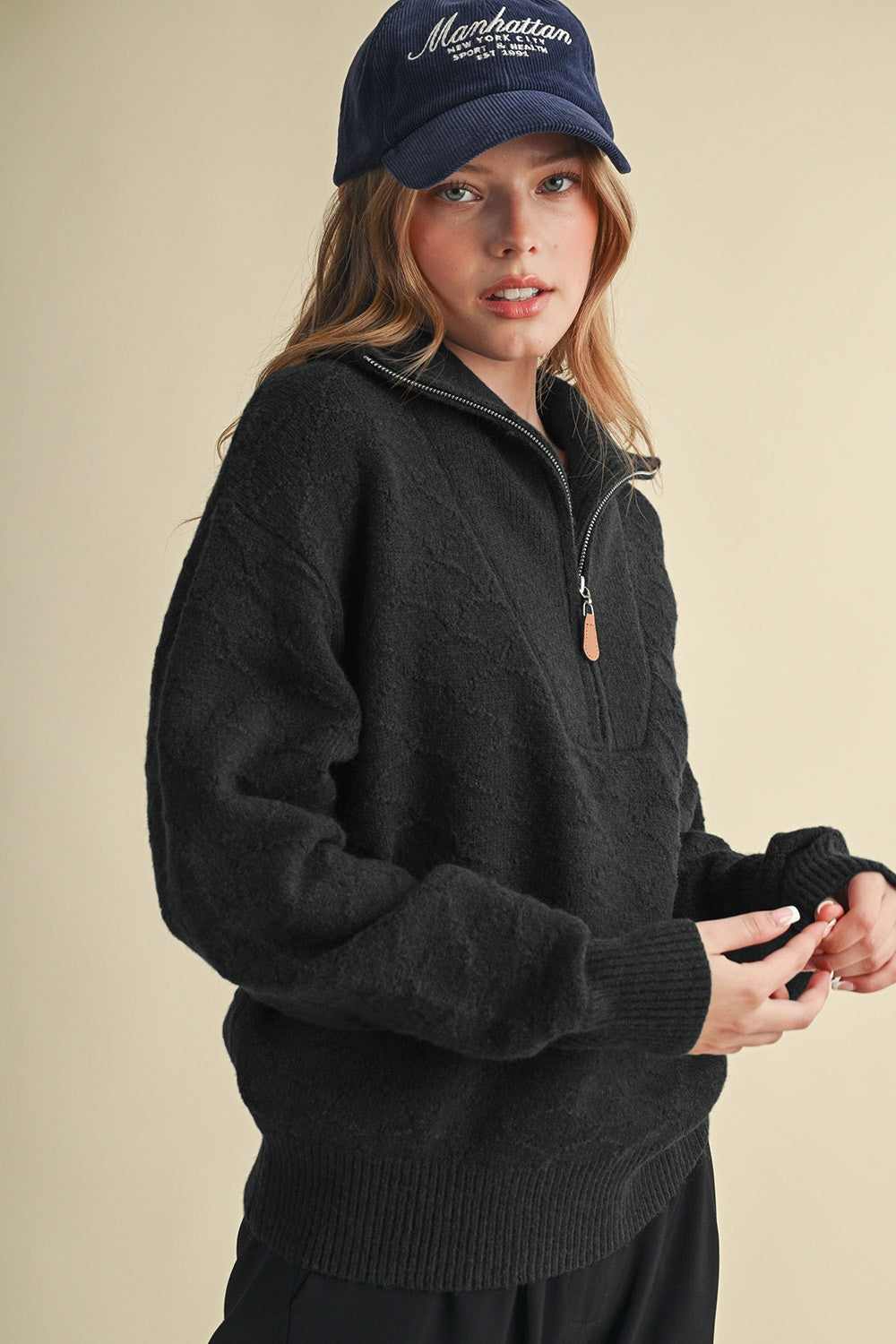 Shellwork Textured Half-Zip Sweater in Black - product photo 2
