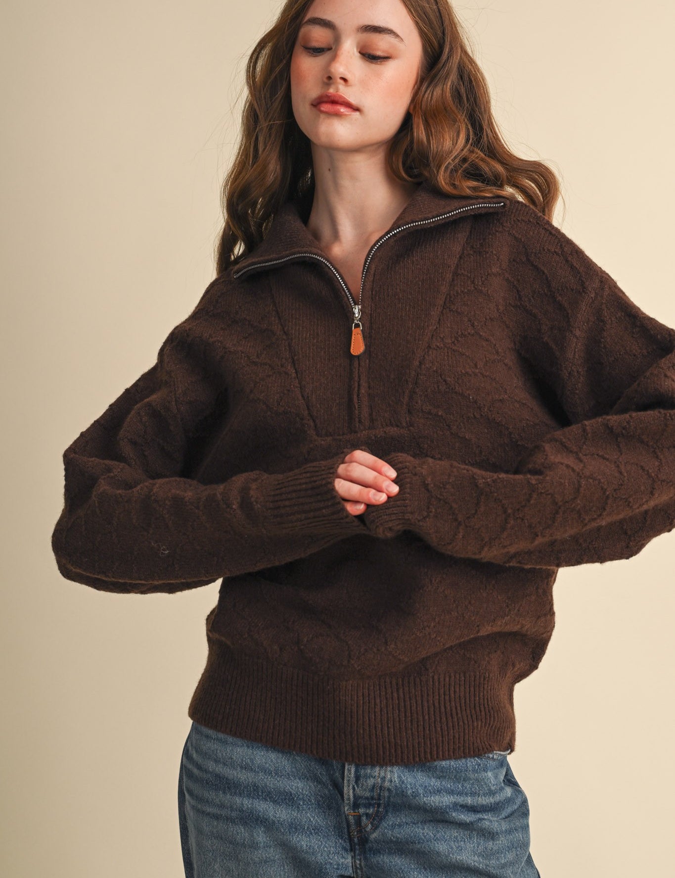 Shellwork Textured Half-Zip Sweater in Choco Brown - product photo 1
