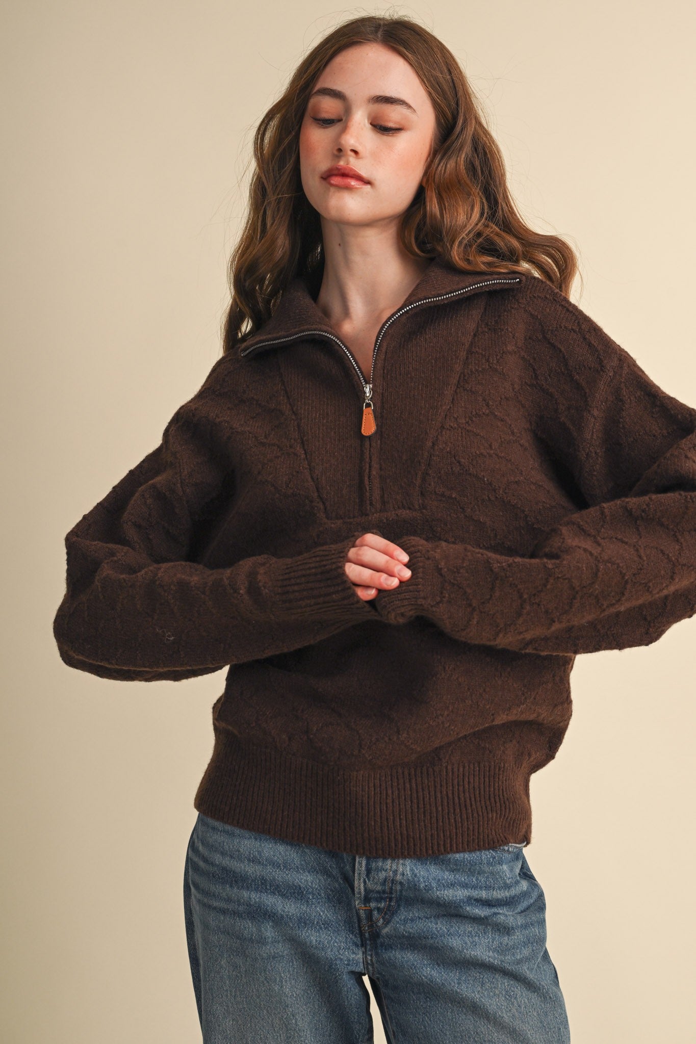 Shellwork Textured Half-Zip Sweater in Choco Brown - product photo 1