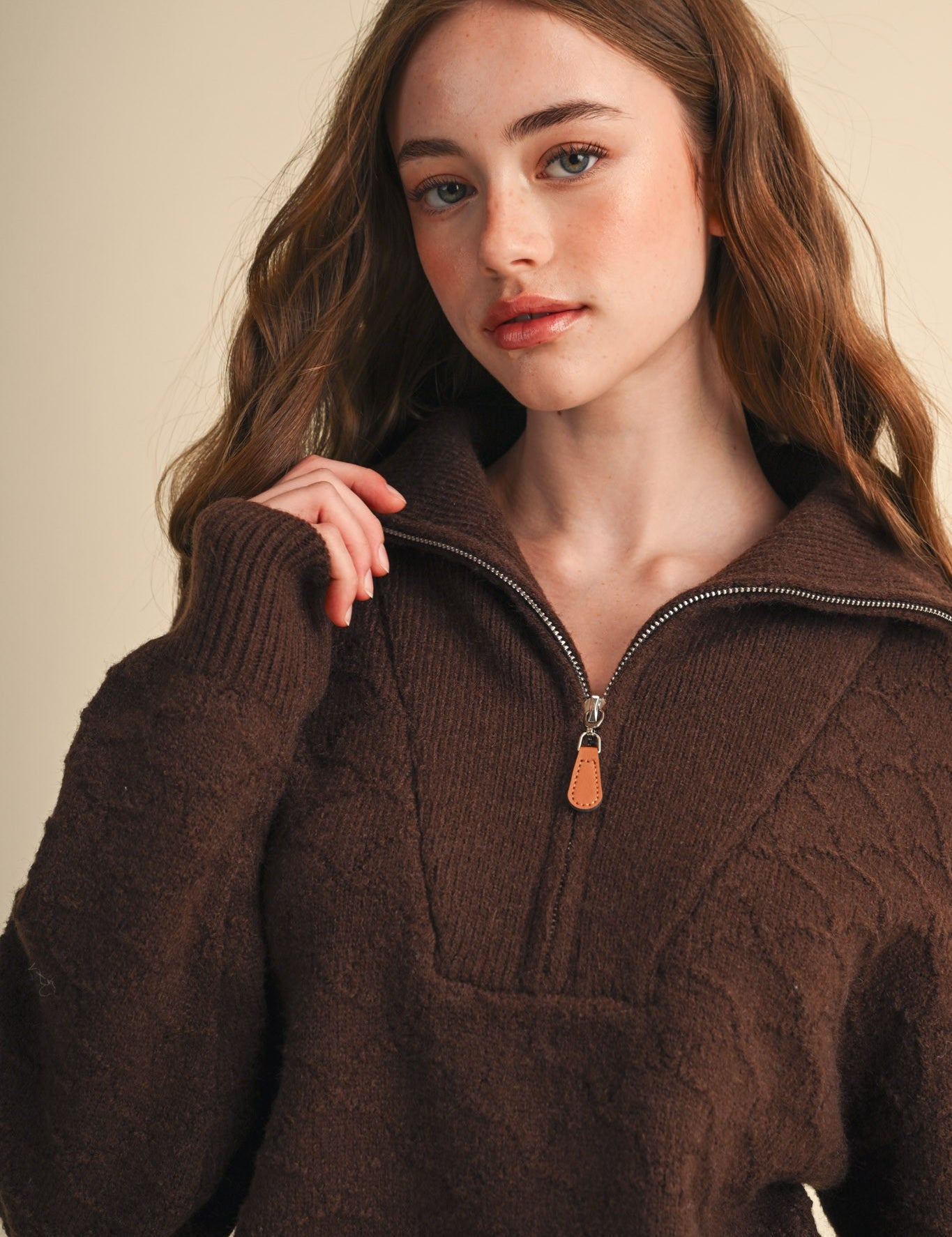 Shellwork Textured Half-Zip Sweater in Choco Brown - product photo 2