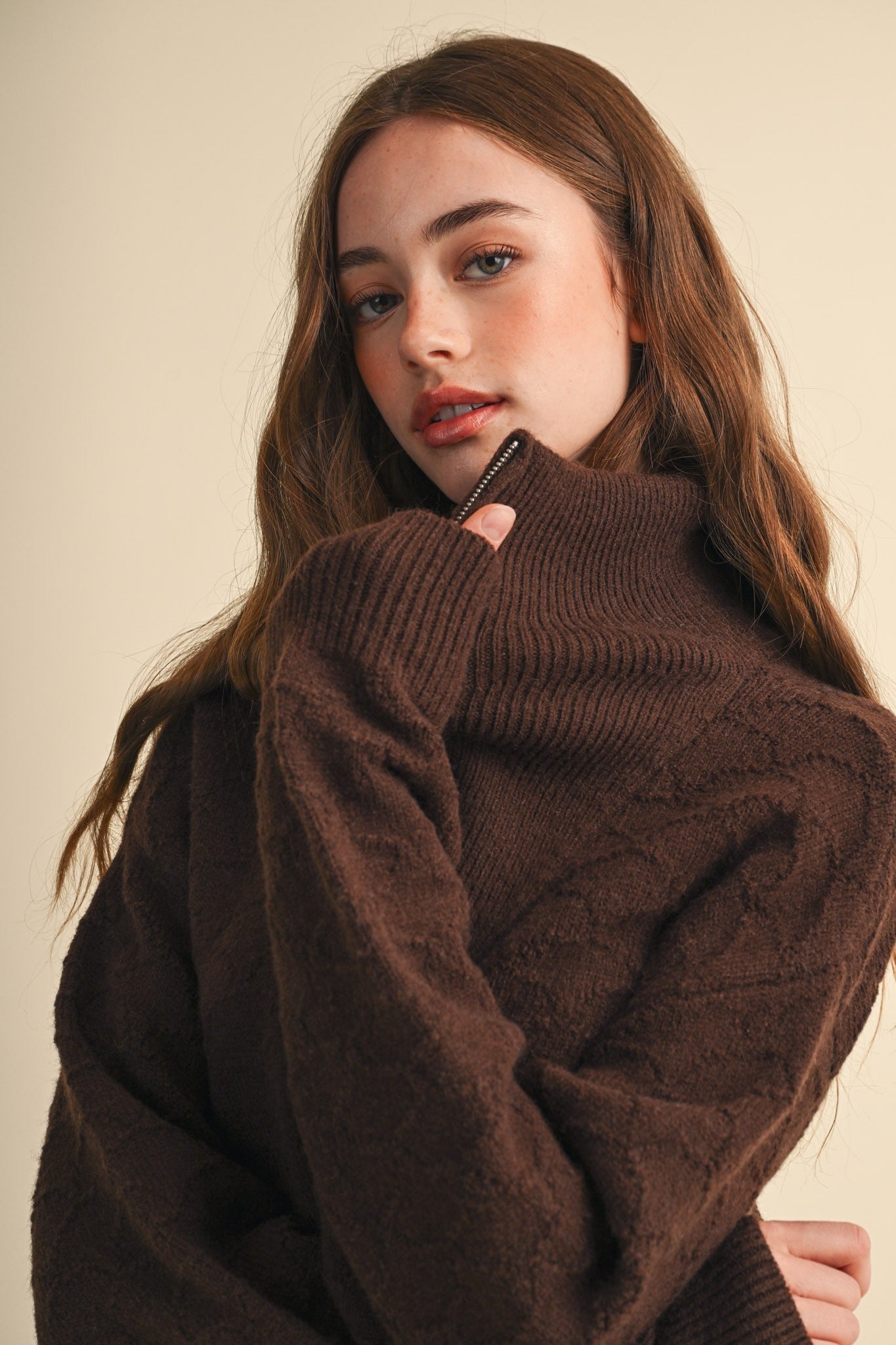 Shellwork Textured Half-Zip Sweater in Choco Brown - product photo 3